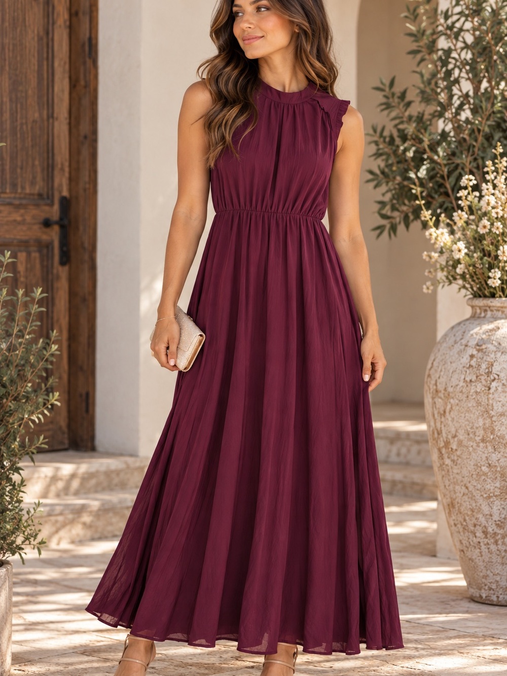 Sleeveless Burgundy Maxi Dress with Gathered Waist